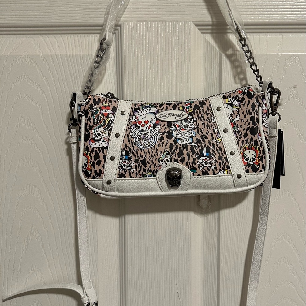 Ed Hardy White Leopard-Print Shoulder Bag with Tattoo Motifs